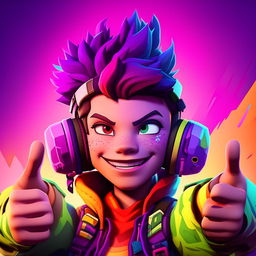 2D outline animated style close-up of Fortnite's Cuddle Team Leader showing a thumbs up, radiating positivity with expressive eyes and vibrant colors.