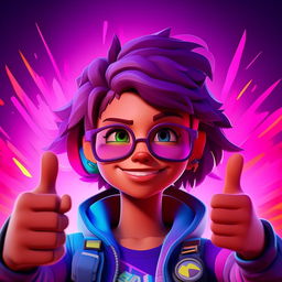 2D outline animated style close-up of Fortnite's Cuddle Team Leader showing a thumbs up, radiating positivity with expressive eyes and vibrant colors.