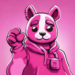 2D outline animated close-up of Fortnite's Cuddle Team Leader giving a thumbs up, highlighting expressive eyes and vibrant pink colors.