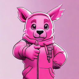 2D outline animated close-up of Fortnite's Cuddle Team Leader giving a thumbs up, highlighting expressive eyes and vibrant pink colors.