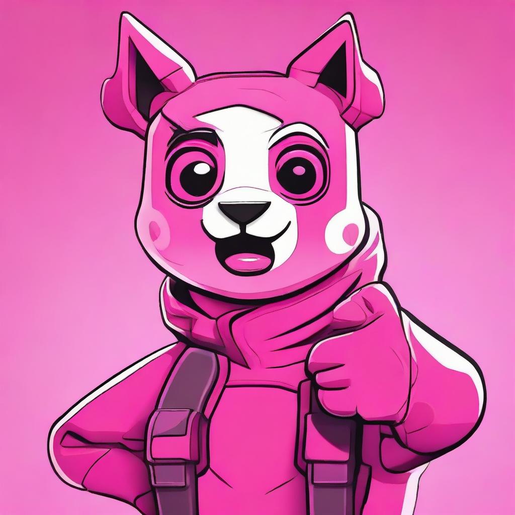 2D outline animated close-up of Fortnite's Cuddle Team Leader giving a thumbs up, highlighting expressive eyes and vibrant pink colors.