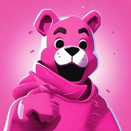 2D outline animated close-up of Fortnite's Cuddle Team Leader giving a thumbs up, highlighting expressive eyes and vibrant pink colors.