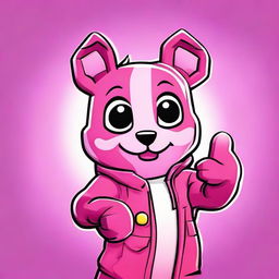 2D outline animated close-up of Fortnite's Cuddle Team Leader showing a thumbs up, featuring expressive eyes and vibrant colors.