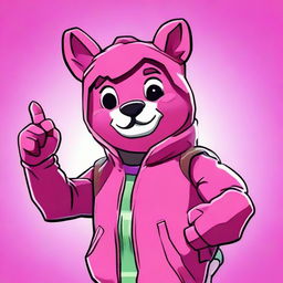 2D outline animated close-up of Fortnite's Cuddle Team Leader showing a thumbs up, featuring expressive eyes and vibrant colors.