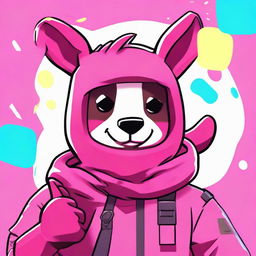 2D outline animated close-up of Fortnite's Cuddle Team Leader showing a thumbs up, featuring expressive eyes and vibrant colors.