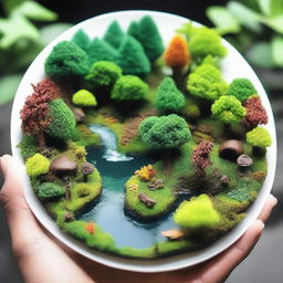 A detailed, realistic miniature forest ecosystem displayed on a plate with lush greenery, diverse flora and fauna, micro water bodies and vivid colors