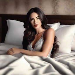 A high-quality digital art piece featuring Megan Fox lying comfortably on a bed