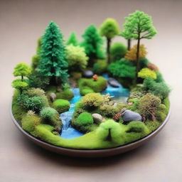 A detailed, realistic miniature forest ecosystem displayed on a plate with lush greenery, diverse flora and fauna, micro water bodies and vivid colors