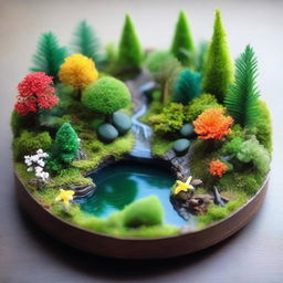 A detailed, realistic miniature forest ecosystem displayed on a plate with lush greenery, diverse flora and fauna, micro water bodies and vivid colors