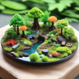 A detailed, realistic miniature forest ecosystem displayed on a plate with lush greenery, diverse flora and fauna, micro water bodies and vivid colors