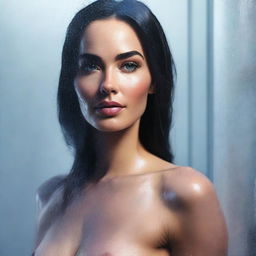 A tastefully rendered digital art image of Megan Fox standing behind a frosted glass shower door