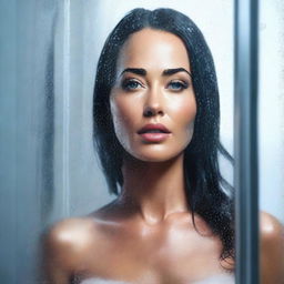 A tastefully rendered digital art image of Megan Fox standing behind a frosted glass shower door