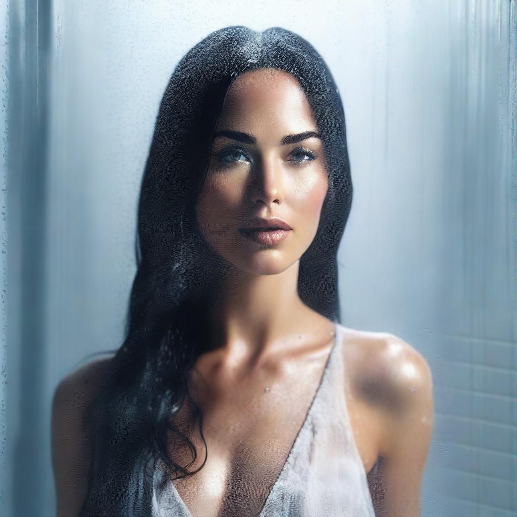 A tastefully rendered digital art image of Megan Fox standing behind a frosted glass shower door