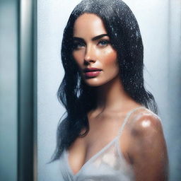 A tastefully rendered digital art image of Megan Fox standing behind a frosted glass shower door