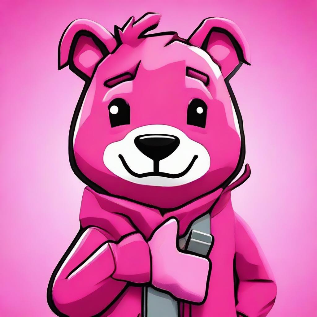 2D outline animated close-up of Fortnite's Cuddle Team Leader giving a thumbs up, with fun, vibrant colors and expressive eyes.