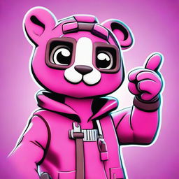 2D outline animated close-up of Fortnite's Cuddle Team Leader giving a thumbs up, with fun, vibrant colors and expressive eyes.