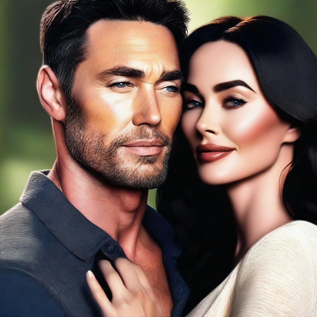 A heartwarming high-quality digital art image of Megan Fox in a loving embrace with an unidentified figure