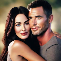 A heartwarming high-quality digital art image of Megan Fox in a loving embrace with an unidentified figure