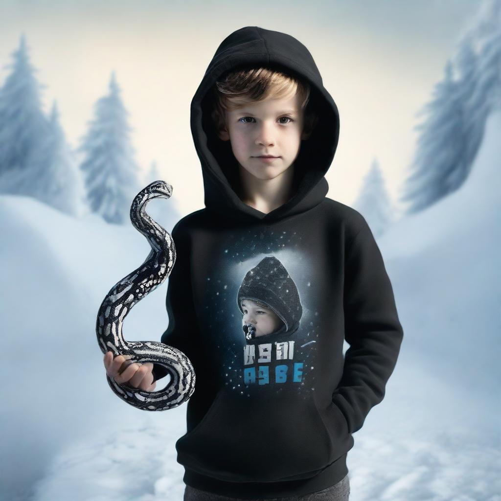 A young boy dressed in a black hoodie, adorned with a 'rep t.v.' print on the front, confidently holding a snake in a frosty, icy environment.