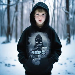 A young boy dressed in a black hoodie, adorned with a 'rep t.v.' print on the front, confidently holding a snake in a frosty, icy environment.