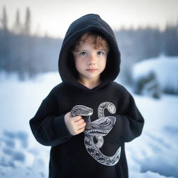 A young boy dressed in a black hoodie, adorned with a 'rep t.v.' print on the front, confidently holding a snake in a frosty, icy environment.