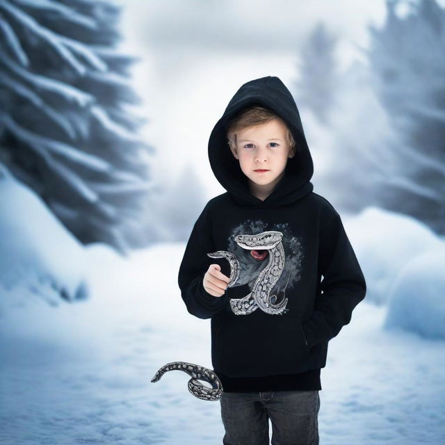 A young boy dressed in a black hoodie, adorned with a 'rep t.v.' print on the front, confidently holding a snake in a frosty, icy environment.