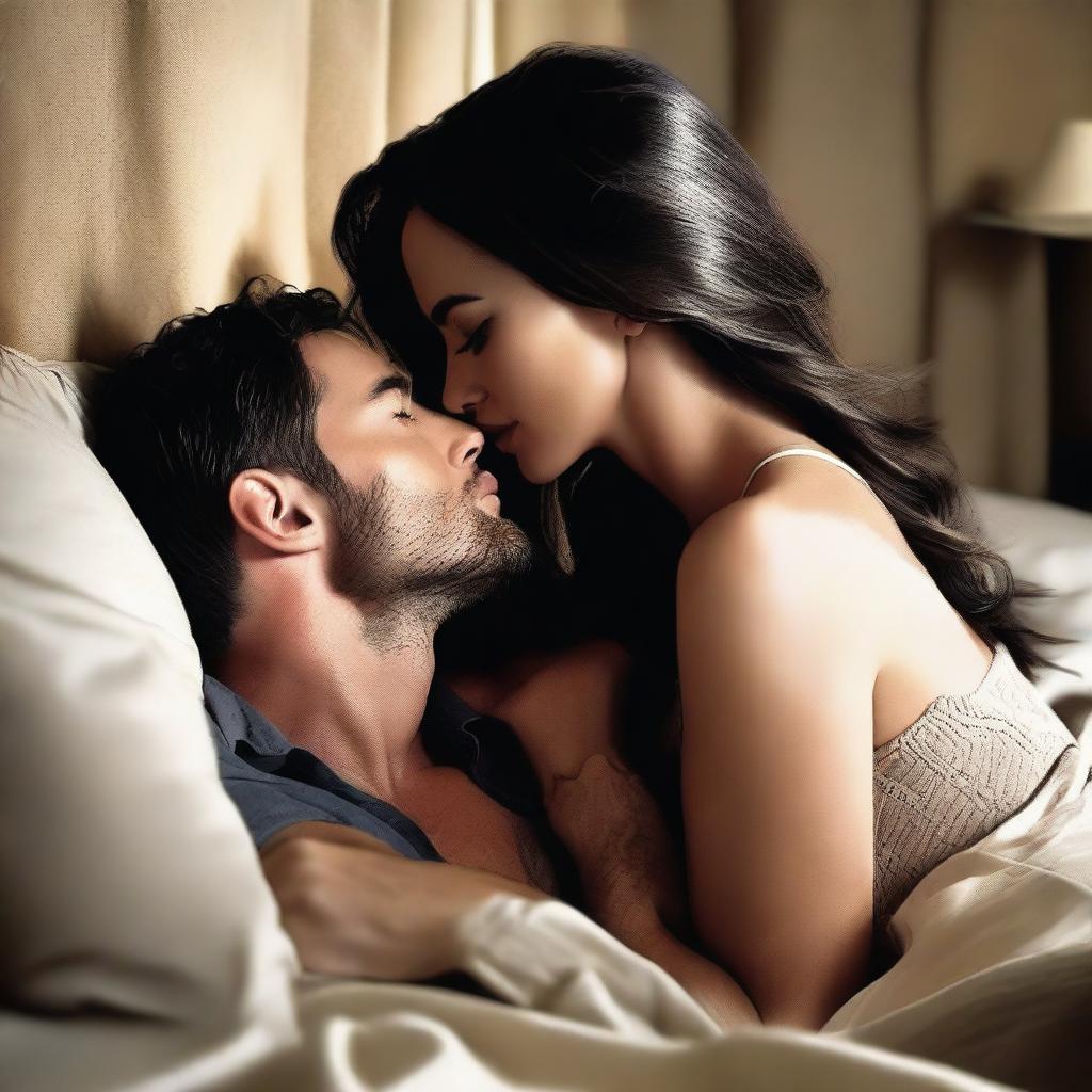 A high-quality digital art image depicting Megan Fox sharing a tender kiss with an unidentified figure on a bed