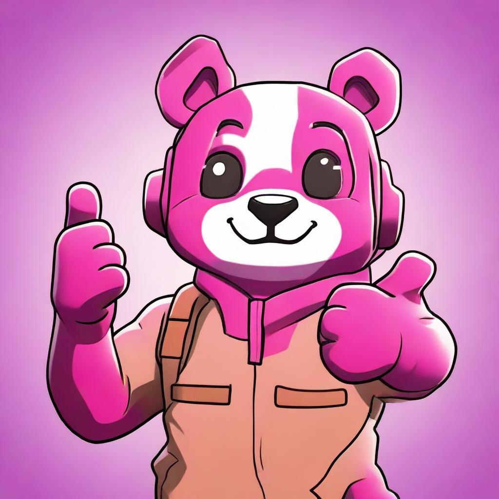 2D outline animated close-up of Fortnite's Cuddle Team Leader, showing a thumbs up with spirited expression, featuring vibrant colors and expressive eyes.