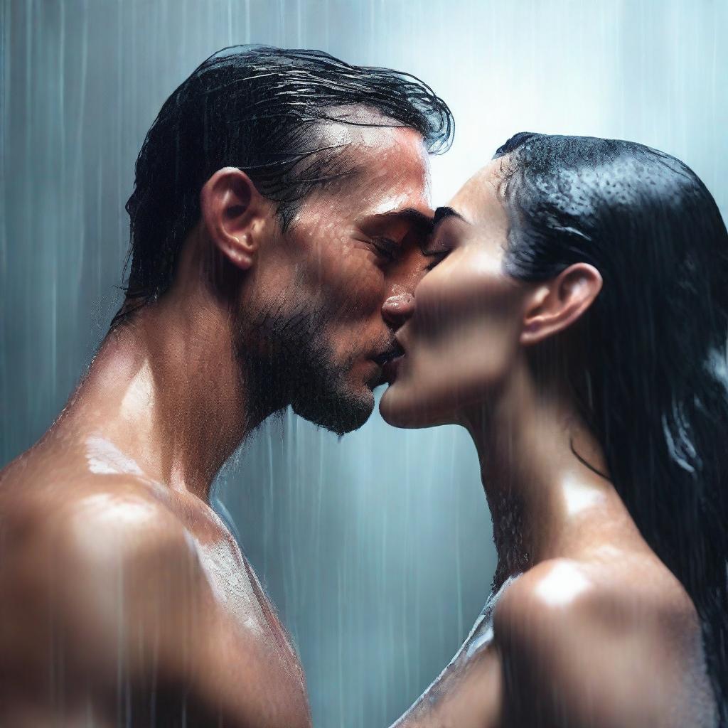 An artistically rendered digital art image of Megan Fox sharing a passionate kiss with an unidentified figure in a shower