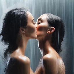 An artistically rendered digital art image of Megan Fox sharing a passionate kiss with an unidentified figure in a shower