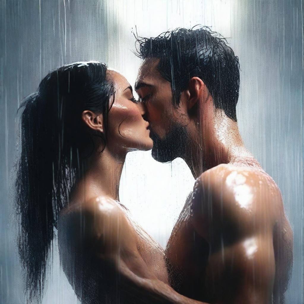 An artistically rendered digital art image of Megan Fox sharing a passionate kiss with an unidentified figure in a shower