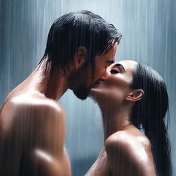 An artistically rendered digital art image of Megan Fox sharing a passionate kiss with an unidentified figure in a shower