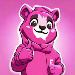 2D outline animated close-up of Fortnite's Cuddle Team Leader, showing a thumbs up with spirited expression, featuring vibrant colors and expressive eyes.