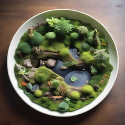 A photorealistic portrayal of a miniature forest ecosystem displayed on a plate, bursting with vivid greenery, diverse flora, tiny creatures, and little ponds.