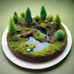 A photorealistic portrayal of a miniature forest ecosystem displayed on a plate, bursting with vivid greenery, diverse flora, tiny creatures, and little ponds.