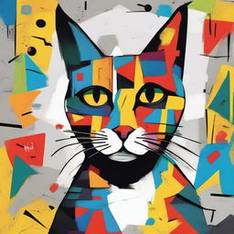 This is an exquisite digital painting of a cat, rendered in a style reminiscent of both Picasso and Basquiat