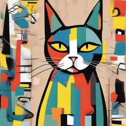 This is an exquisite digital painting of a cat, rendered in a style reminiscent of both Picasso and Basquiat