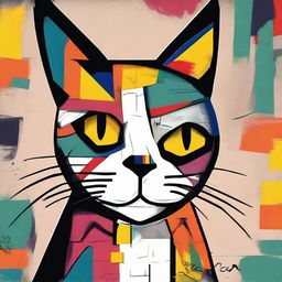 This is an exquisite digital painting of a cat, rendered in a style reminiscent of both Picasso and Basquiat