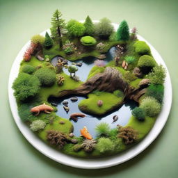 A photorealistic portrayal of a miniature forest ecosystem displayed on a plate, bursting with vivid greenery, diverse flora, tiny creatures, and little ponds.