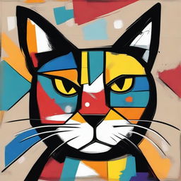 This is an exquisite digital painting of a cat, rendered in a style reminiscent of both Picasso and Basquiat