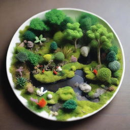 A photorealistic portrayal of a miniature forest ecosystem displayed on a plate, bursting with vivid greenery, diverse flora, tiny creatures, and little ponds.