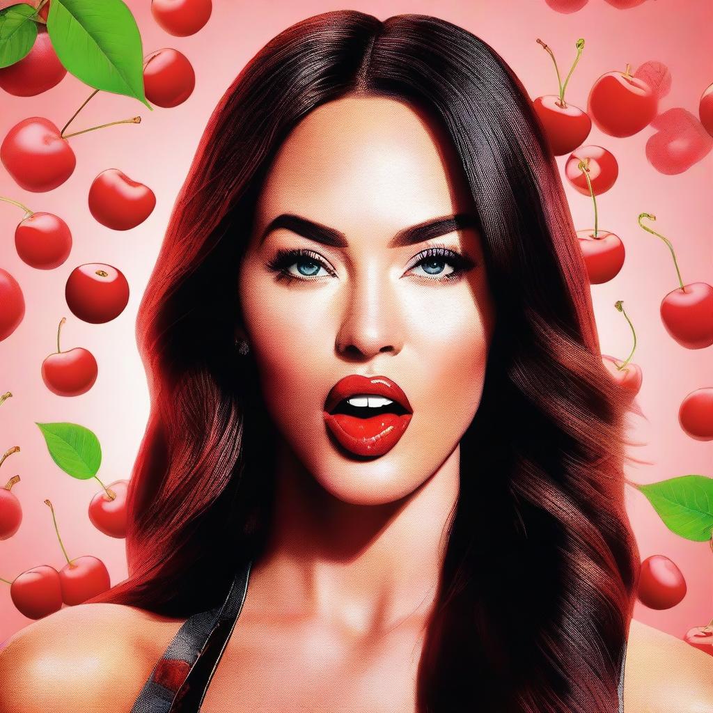 A vivid, high-quality digital art image featuring Megan Fox holding a cherry between her lips, her tongue slightly extended towards the fruit