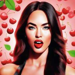 A vivid, high-quality digital art image featuring Megan Fox holding a cherry between her lips, her tongue slightly extended towards the fruit