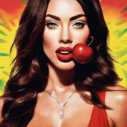 A vivid, high-quality digital art image featuring Megan Fox holding a cherry between her lips, her tongue slightly extended towards the fruit