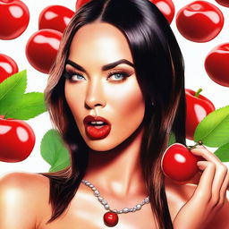 A vivid, high-quality digital art image featuring Megan Fox holding a cherry between her lips, her tongue slightly extended towards the fruit