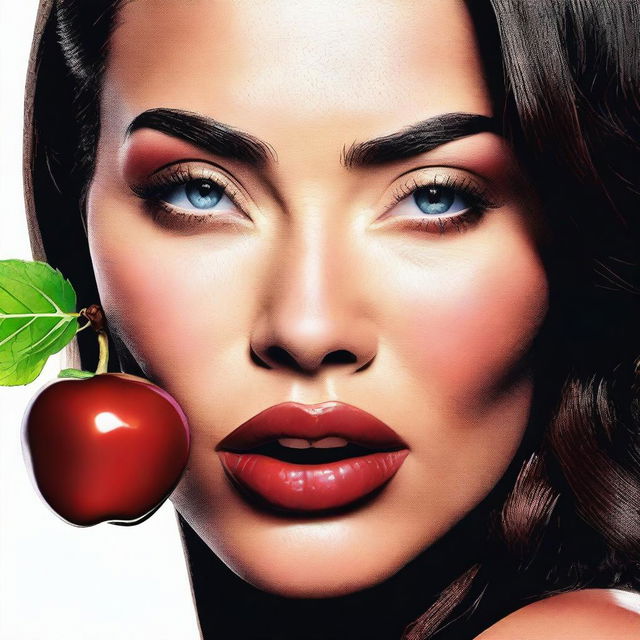 A vivid, high-quality digital art image featuring Megan Fox holding a cherry between her lips, her tongue slightly extended towards the fruit