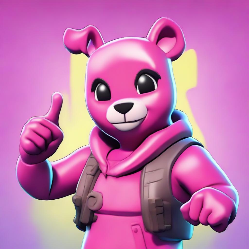 Close-up of Fortnite's Cuddle Team Leader giving a thumbs up, presented in 2D outline animated style with vibrant colors and expressive eyes.