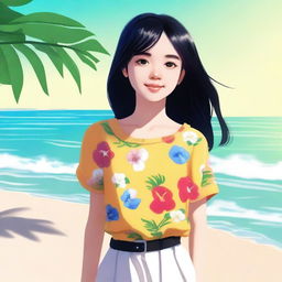 A digital art image of a 14-year-old girl with black hair, dressed in a modest, age-appropriate summer outfit