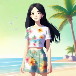 A digital art image of a 14-year-old girl with black hair, dressed in a modest, age-appropriate summer outfit