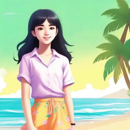 A digital art image of a 14-year-old girl with black hair, dressed in a modest, age-appropriate summer outfit